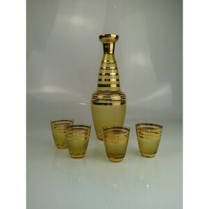 Vintage MCM Glass Amber & Gold Stripe Decanter And 4 Glasses